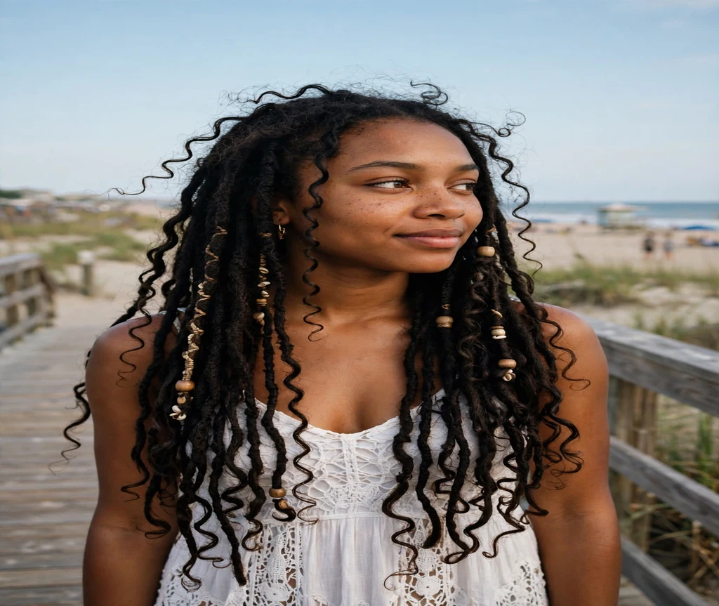Black woman with long boho crochet locs with curly strands on a beach boardwalk