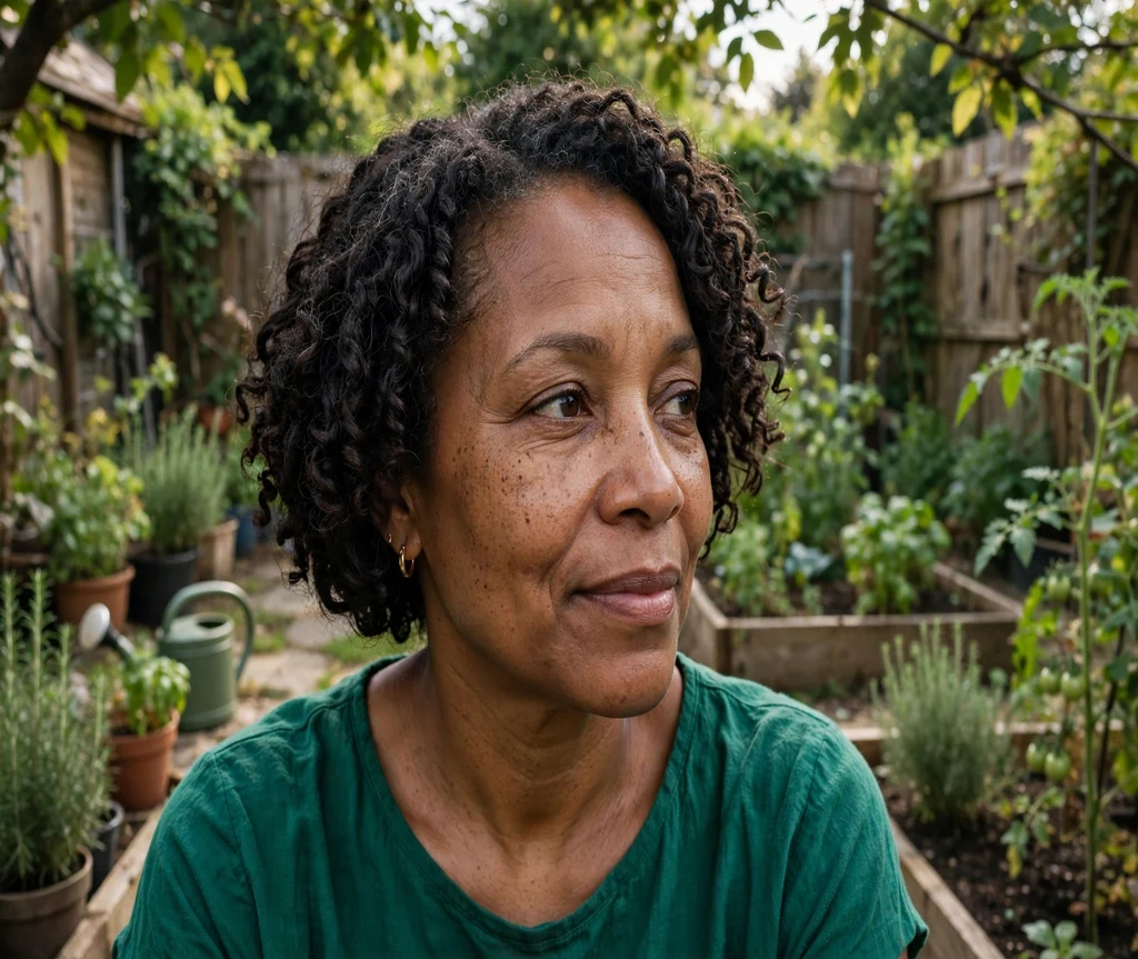 Black woman with a short curly crochet twist-out bob in a garden