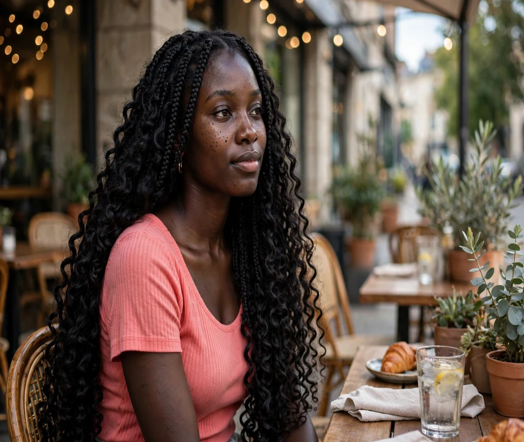Black woman with waist-length crochet mermaid curls on a cafe patio
