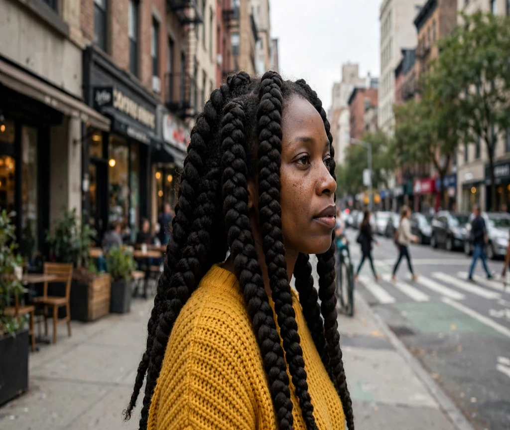 Black woman with thick jumbo crochet box braids on a city street
