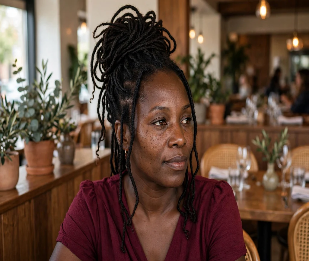 Black woman with crochet faux locs swept into a high updo in a restaurant