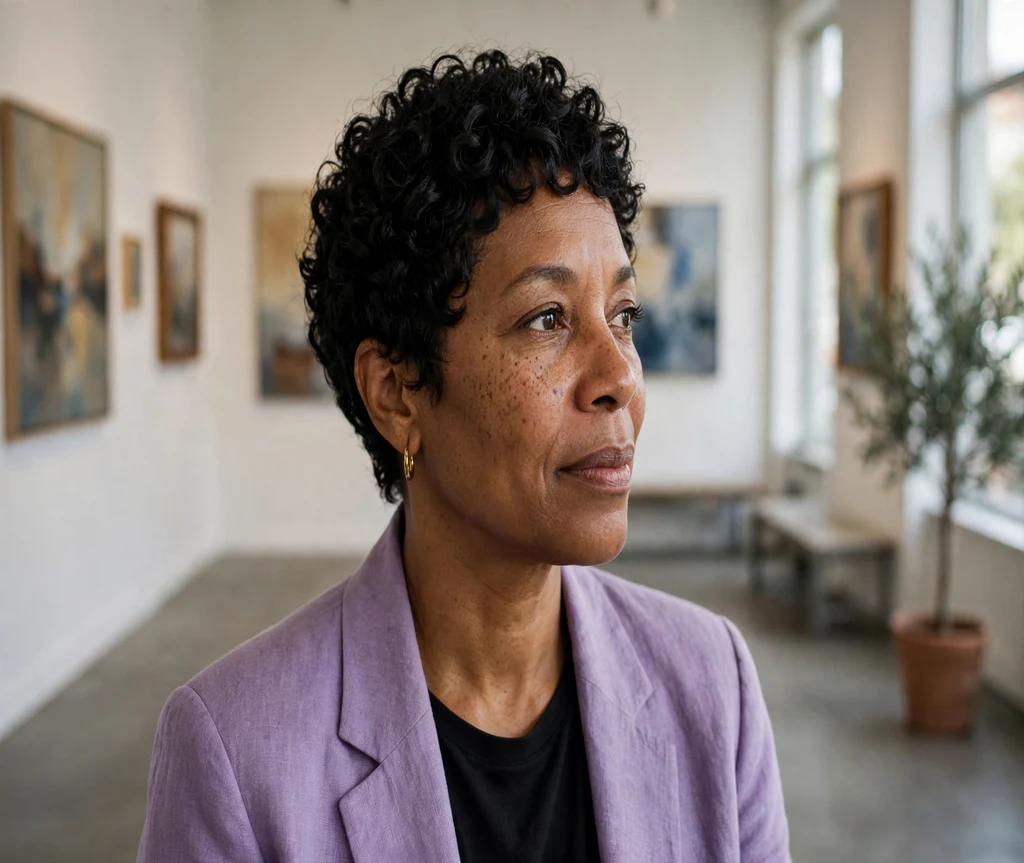 Black woman with a short curly crochet pixie cut in an art gallery