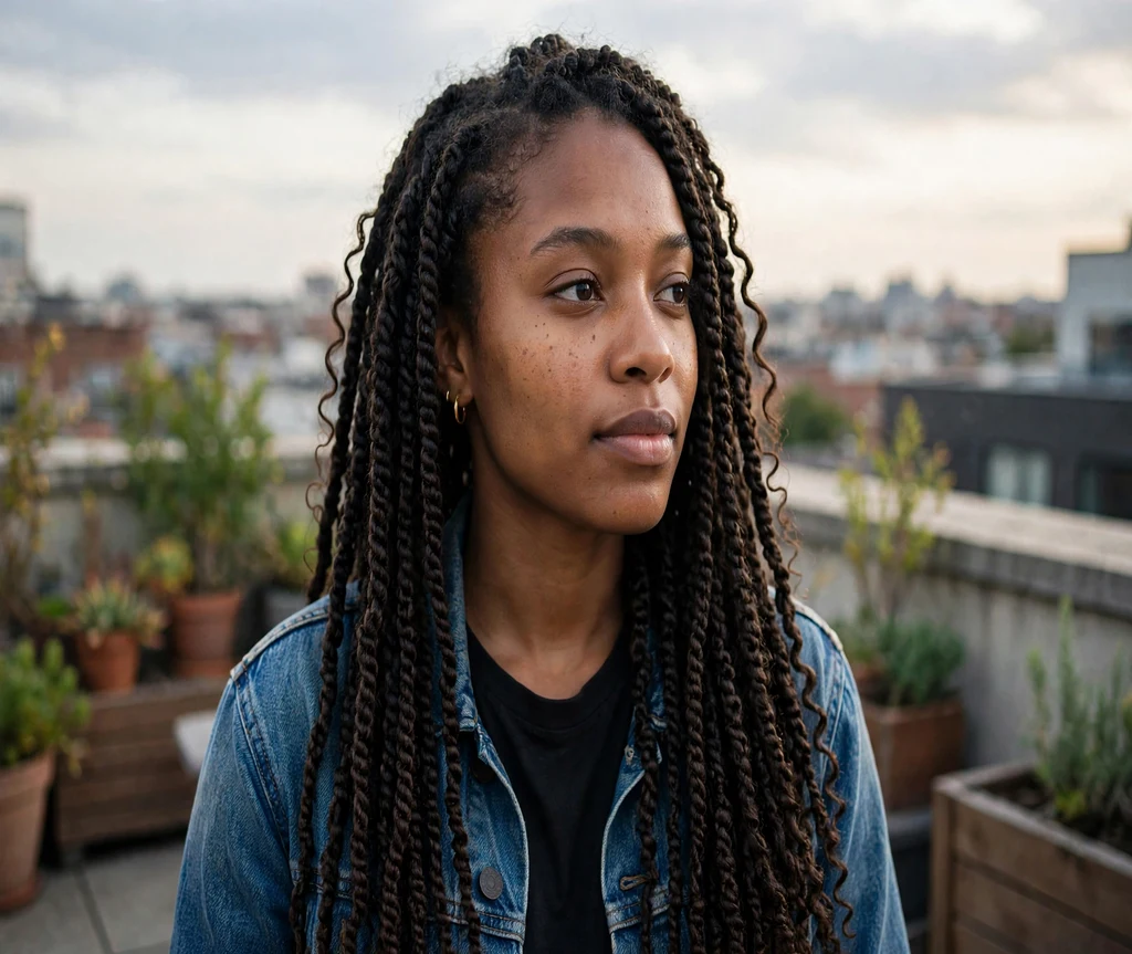 Black woman with waist-length crochet passion twists on a rooftop terrace