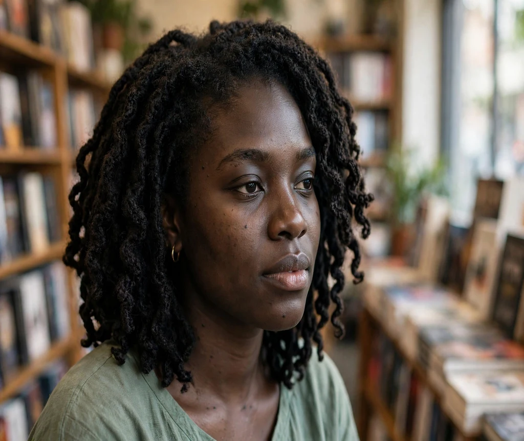 Black woman with shoulder-length crochet butterfly locs in a bookstore