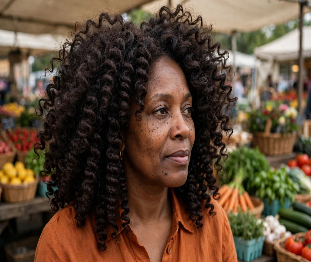 Black woman with big voluminous crochet curls at a farmers market