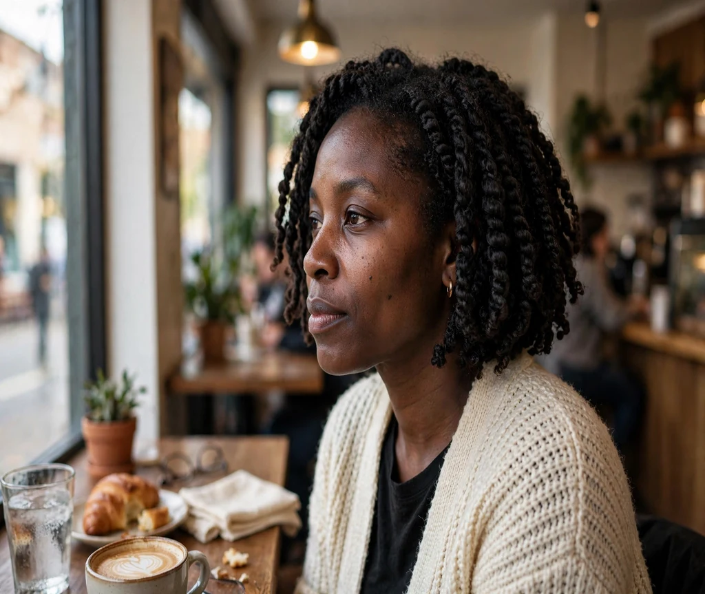 Black woman with a chin-length crochet marley twists bob in a coffee shop