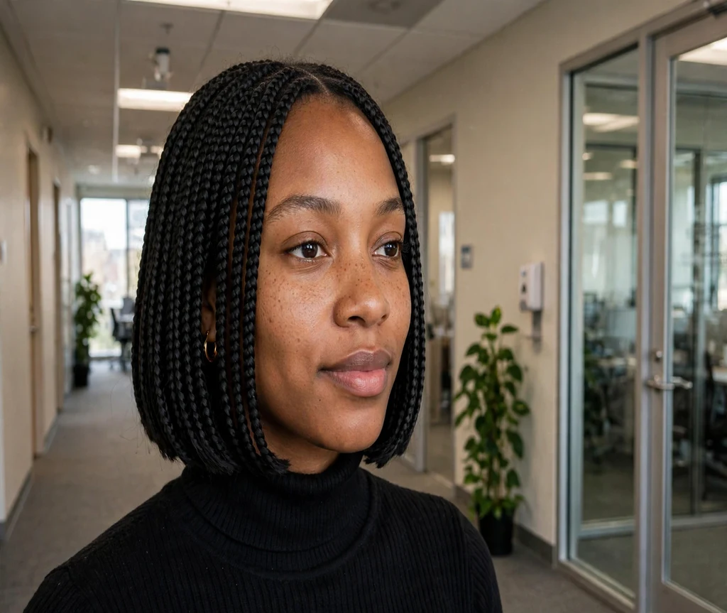 Black woman with a sleek straight crochet bob in an office hallway