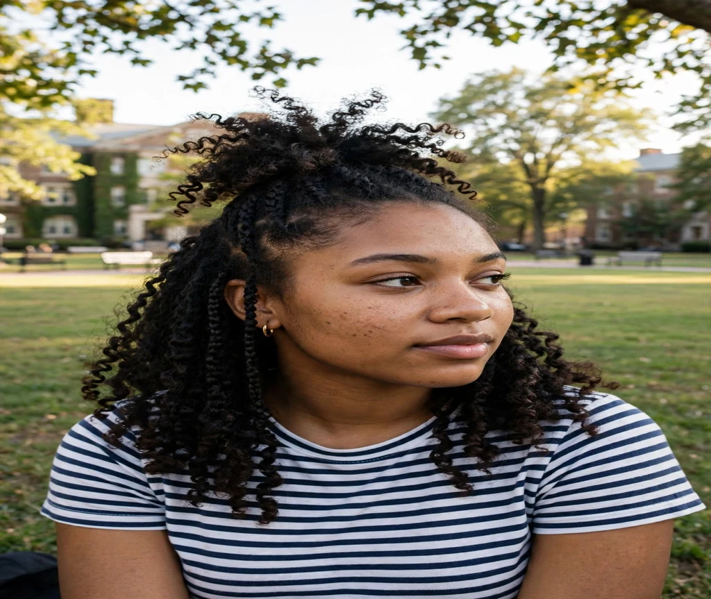 Black woman with crochet curls in a half-up pineapple puff on a campus lawn