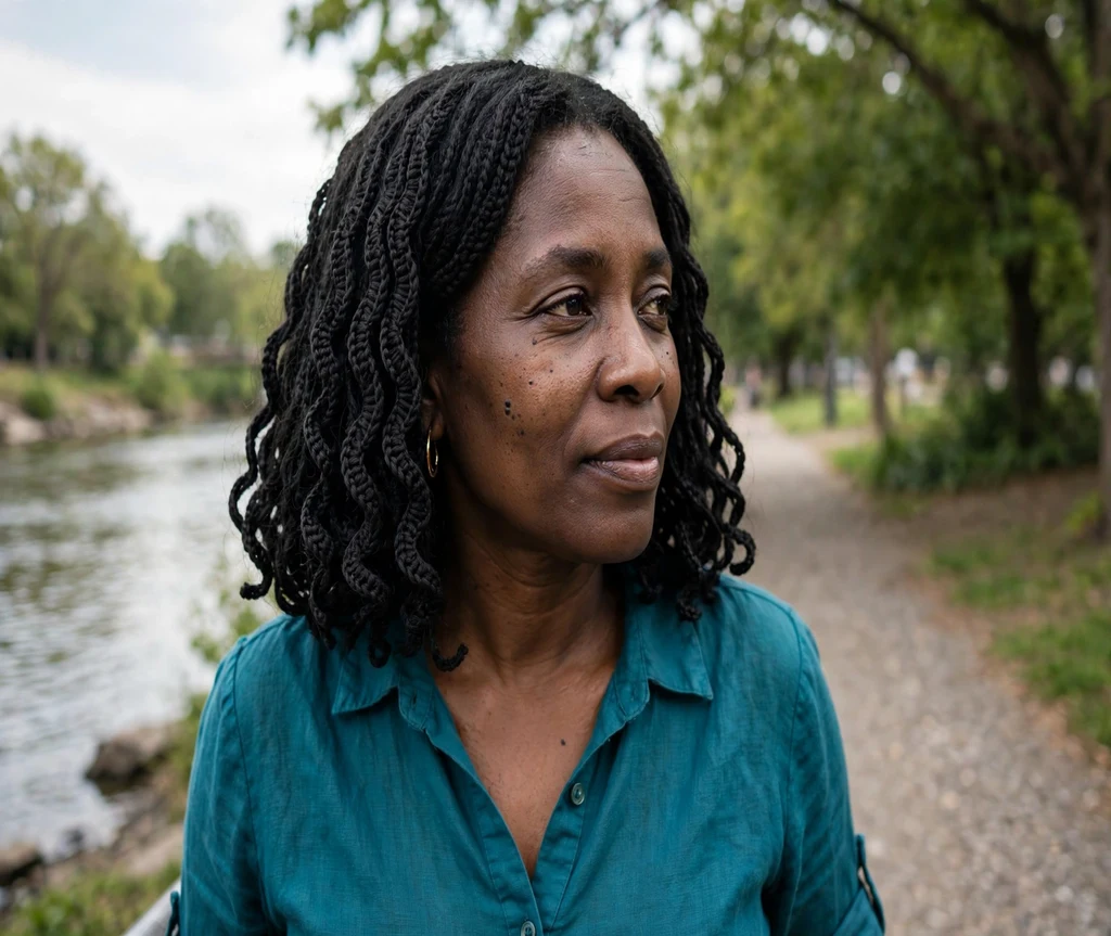 Black woman with a shoulder-length crochet water wave bob on a riverside walk