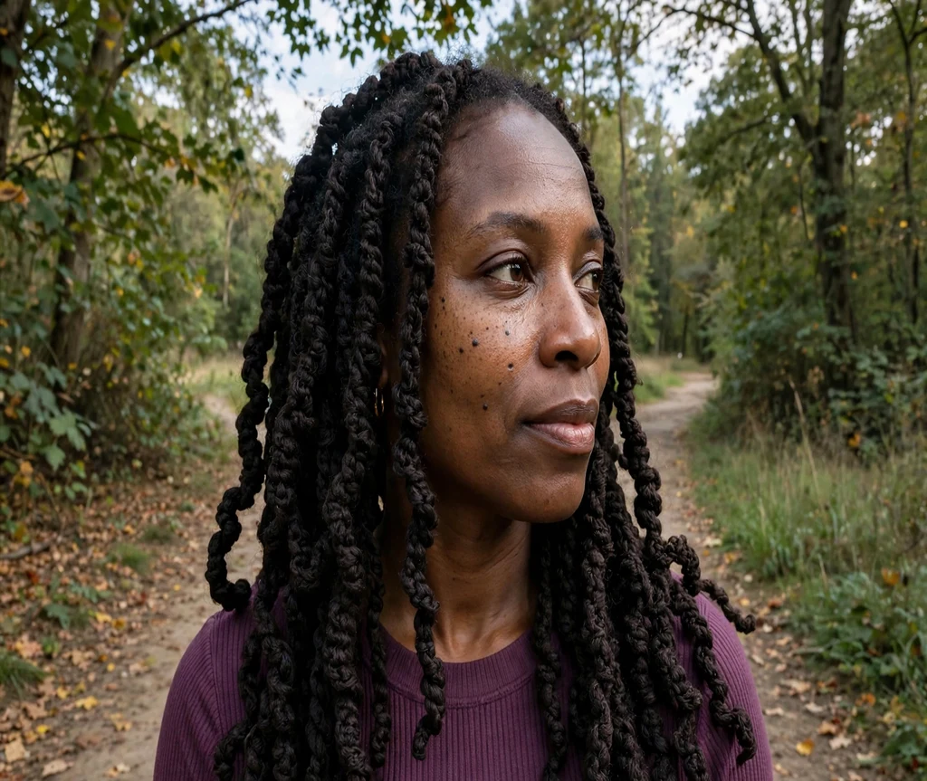 Black woman with chunky long crochet Senegalese twists on a park trail