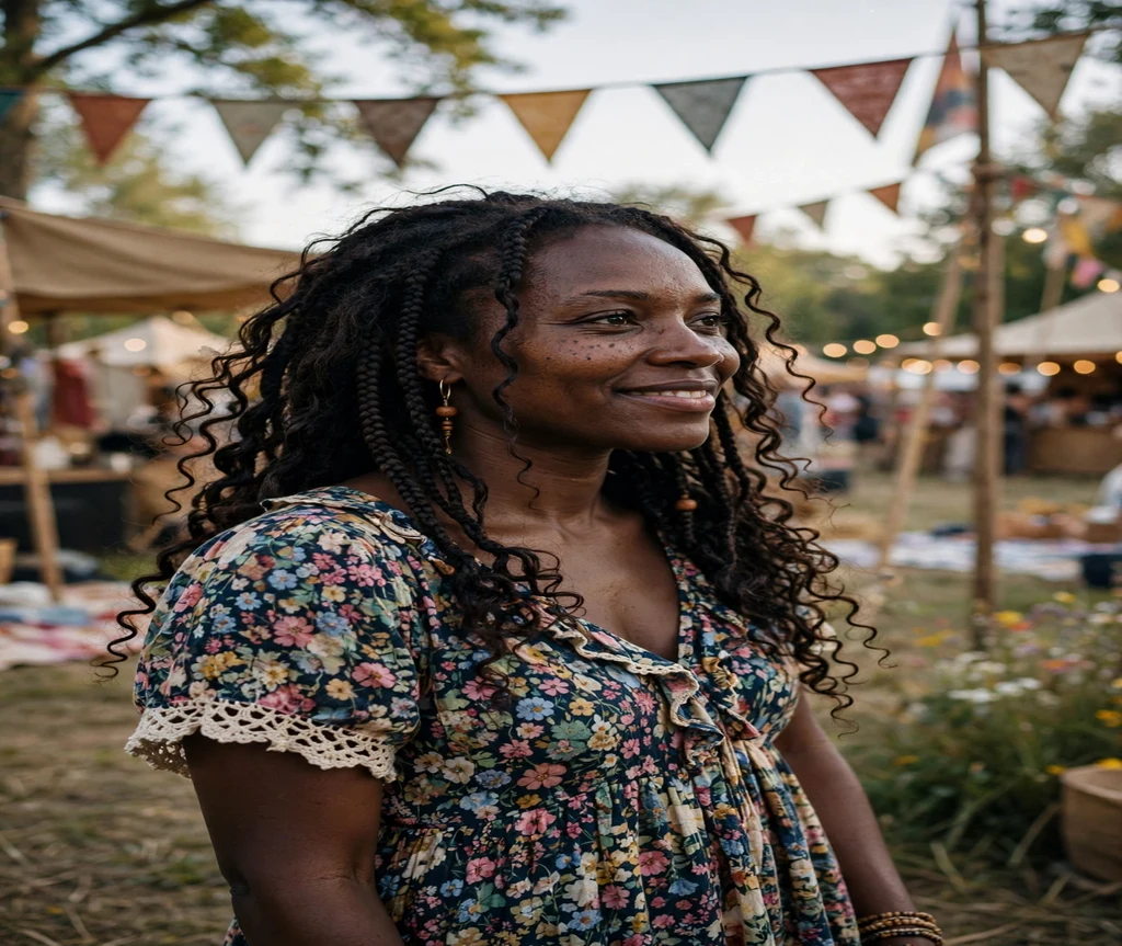 Black woman with loose crochet bohemian braids with curly ends at an outdoor festival