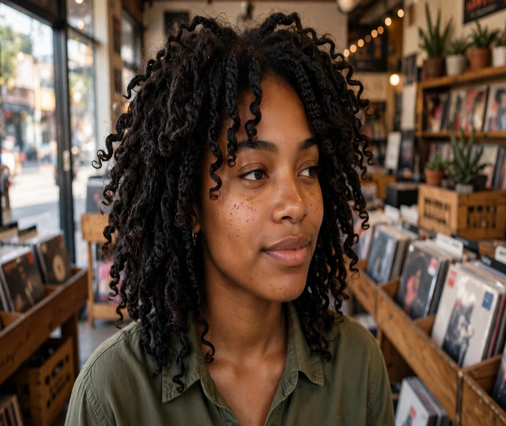 Black woman with a curly layered crochet shag in a record store