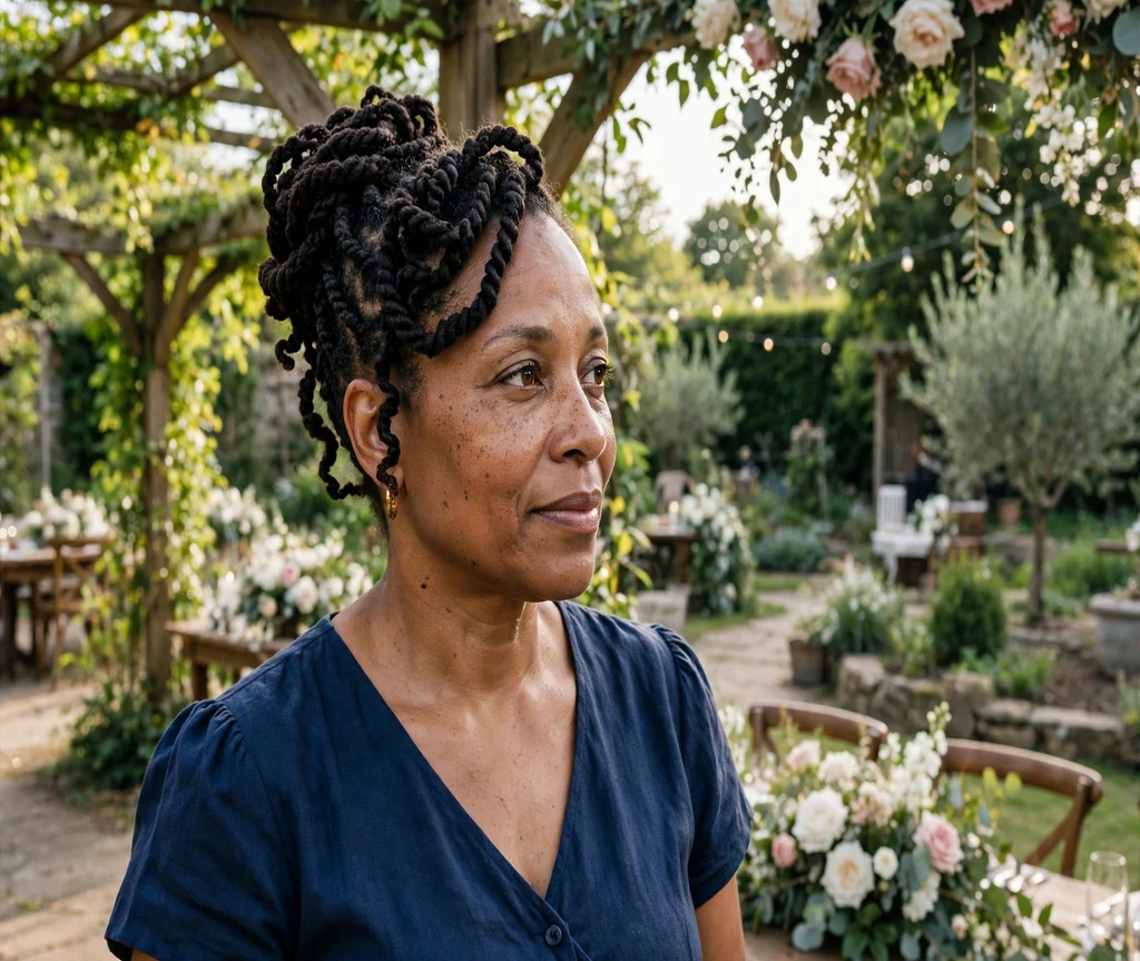 Black woman with crochet Havana twists in a twisted updo in a wedding garden