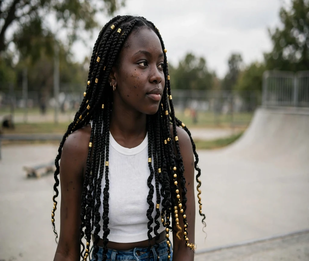 Black woman with long crochet braids decorated with gold beads at a skate park