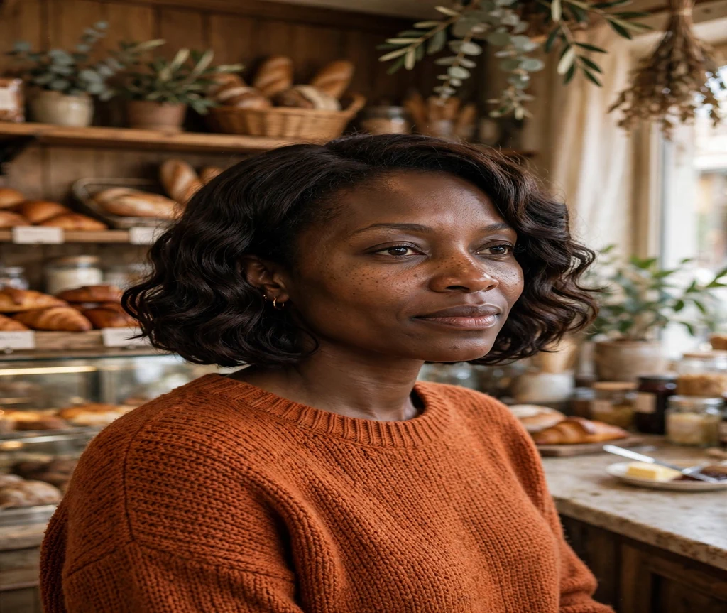 Black woman with a deep wave crochet bob in a cozy bakery