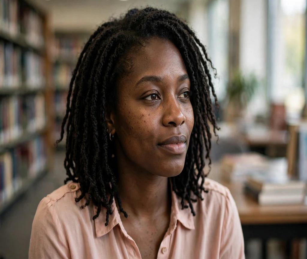 Black woman with soft shoulder-length crochet faux locs in a library