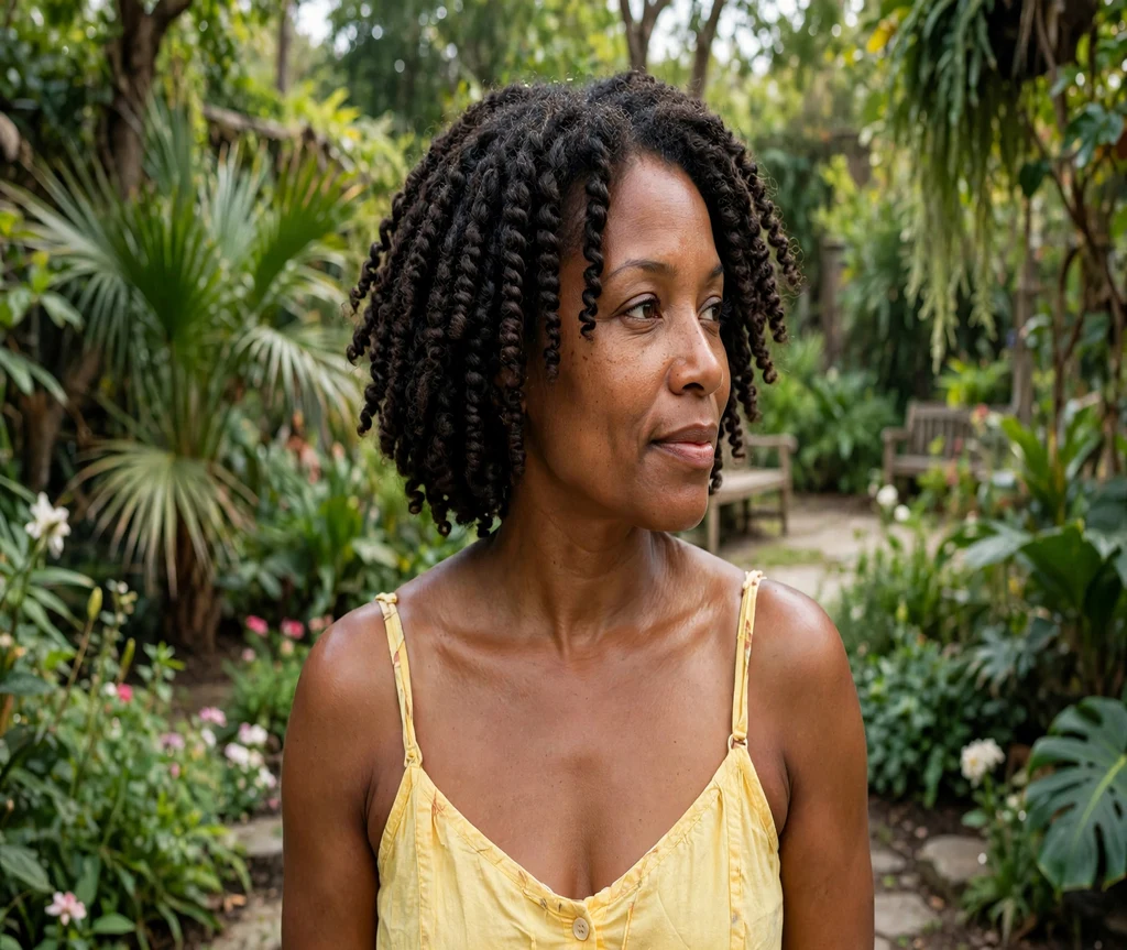 Black woman with a bouncy crochet spring twists bob in a botanical garden