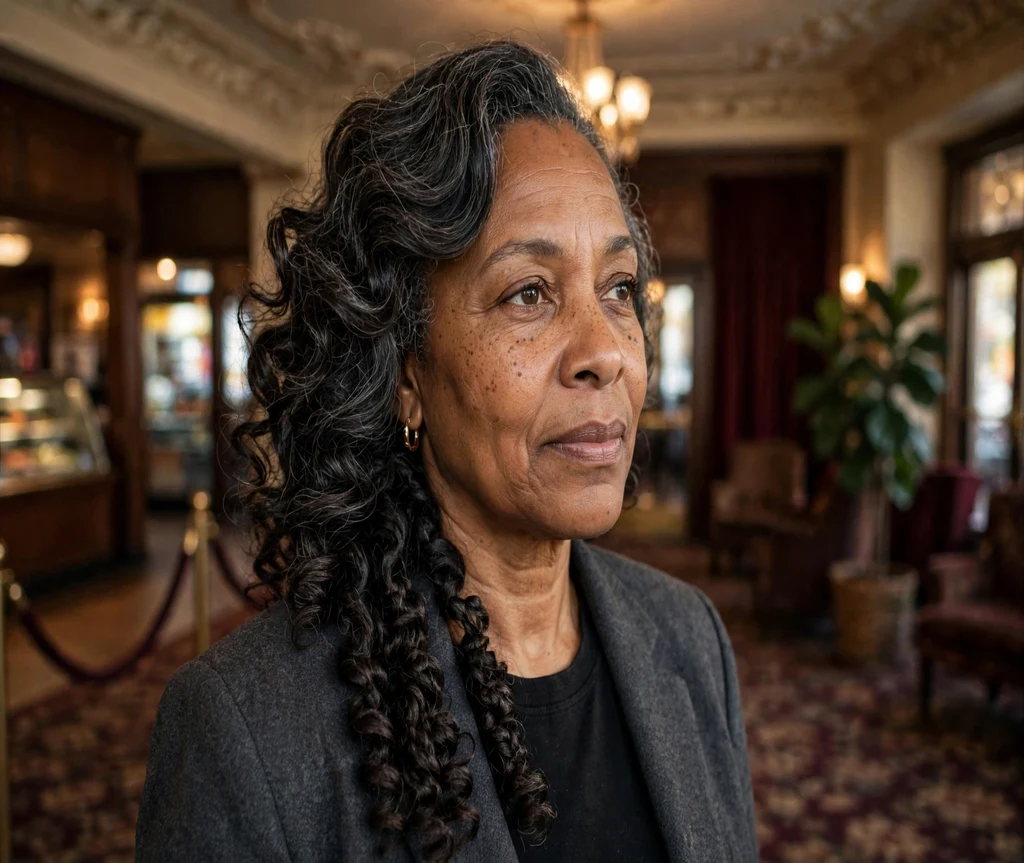 Black woman with elegant side-swept crochet curls in a theater lobby