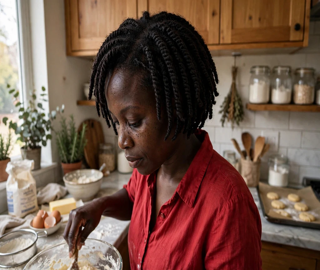 Black woman with a short crochet Nubian twists bob in a kitchen