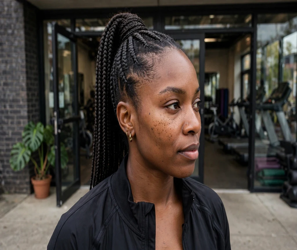 Black woman with a high sleek crochet ponytail at a gym entrance
