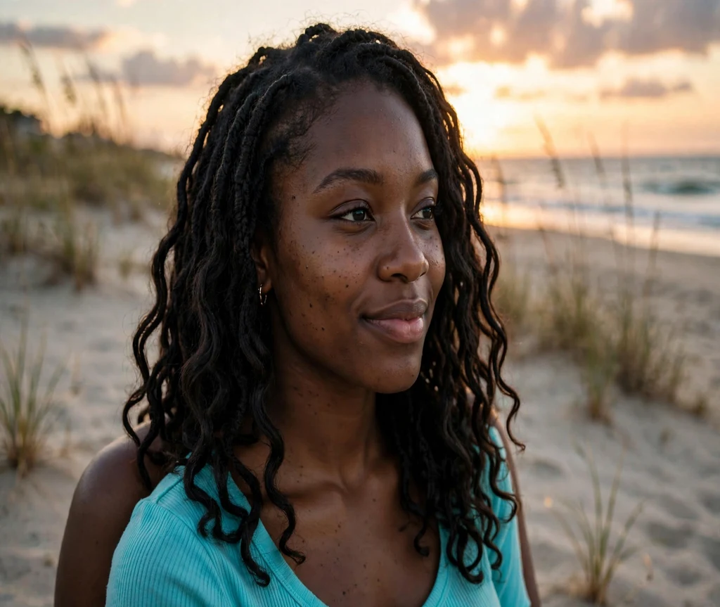 Black woman with long crochet ocean wave locs on a beach at sunset