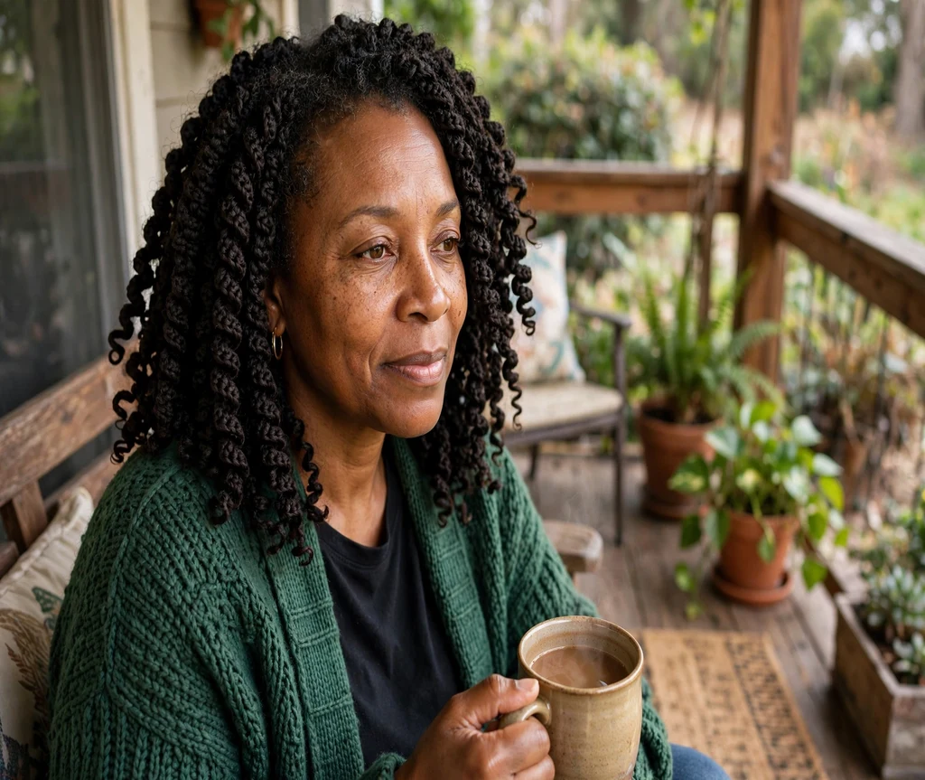 Black woman with shoulder-length crochet kinky twists on a porch