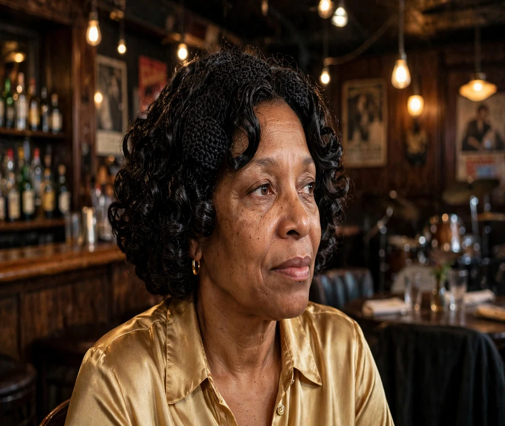 Black woman with a glossy crochet jerry curl bob in a jazz club