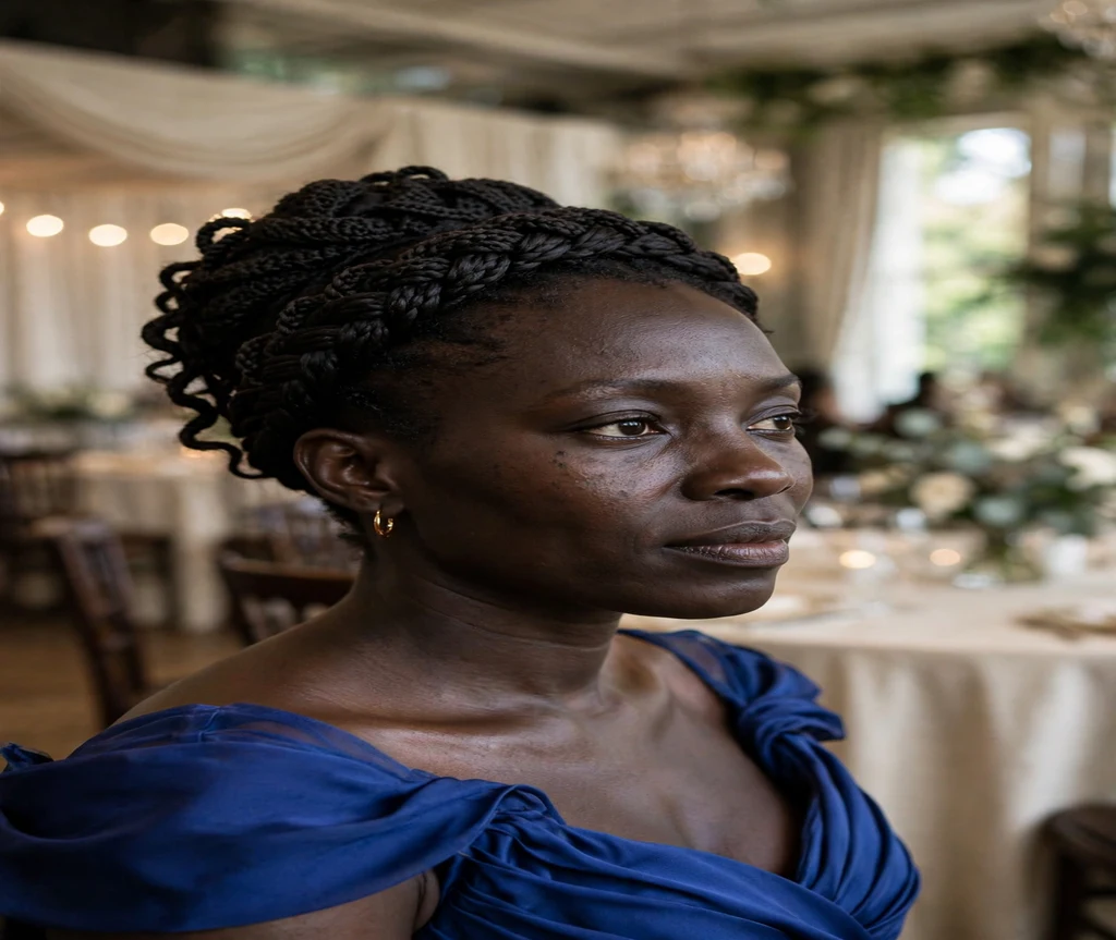 Black woman with crochet braids styled into a crown updo in an event hall