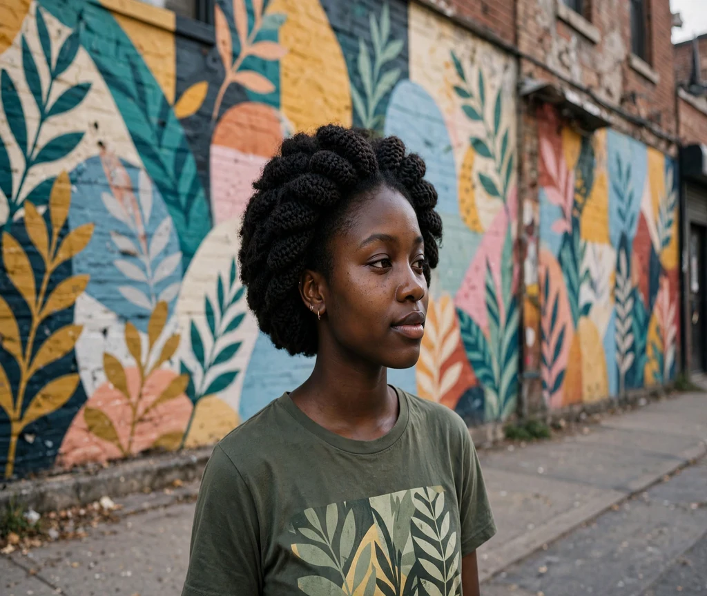 Black woman with a rounded crochet afro puff bob in front of a street mural