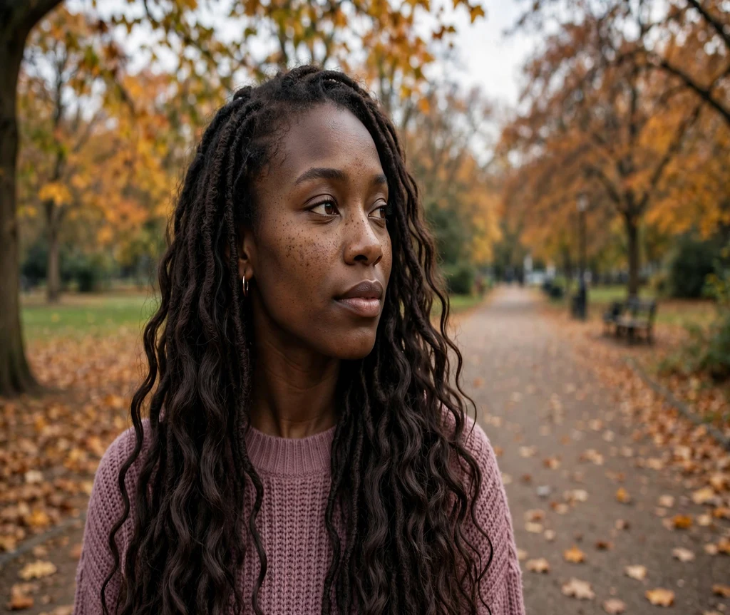 Black woman with long wavy crochet locs on an autumn park path
