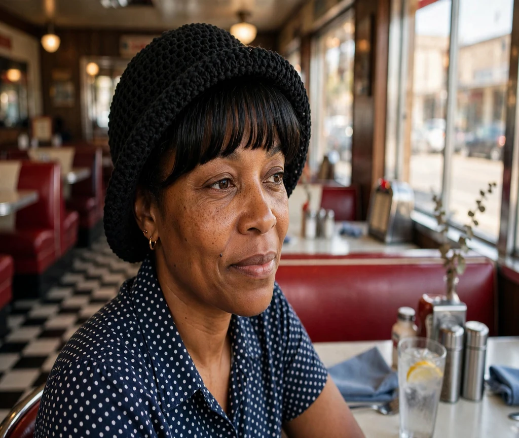 Black woman with a crochet bob with full bangs in a retro diner