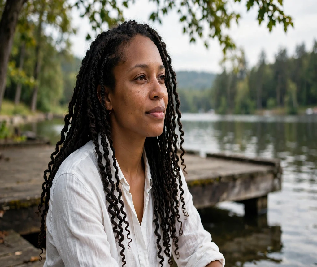 Black woman with long crochet mambo twists on a lakeside dock