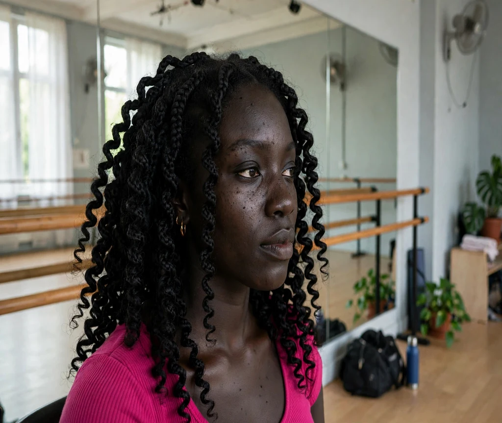Black woman with defined crochet spiral curls in a dance studio