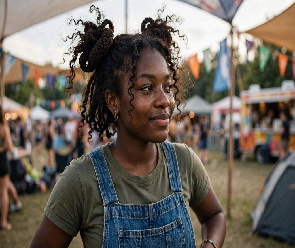 Black woman with crochet curls in two playful space buns at a music festival