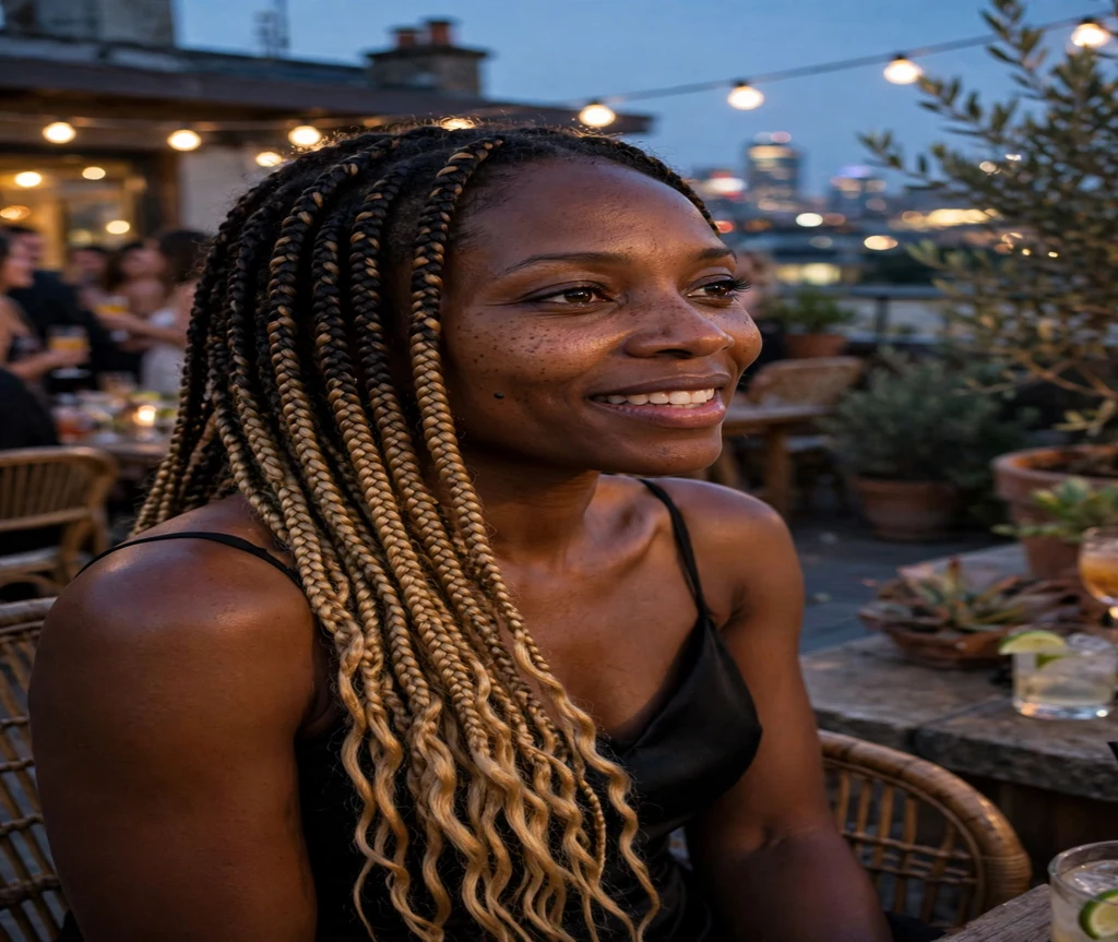 Black woman with long ombre crochet braids fading dark to honey at a rooftop party
