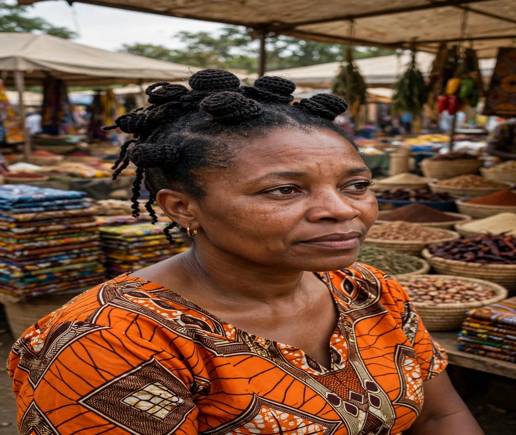 Black woman with crochet hair in a bantu knot updo at a cultural market
