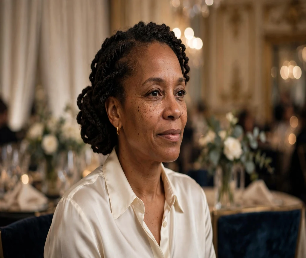 Black woman with crochet twists in an elegant low chignon in a gala ballroom