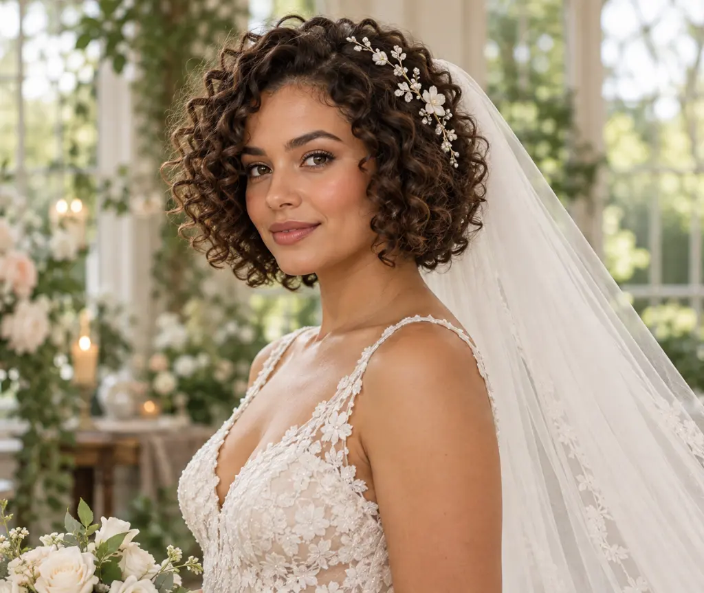 Curly Bob with a Floral Hair Vine and Chapel Veil