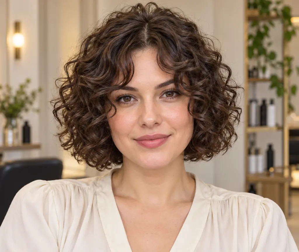 Curly Bob with Curtain Bangs