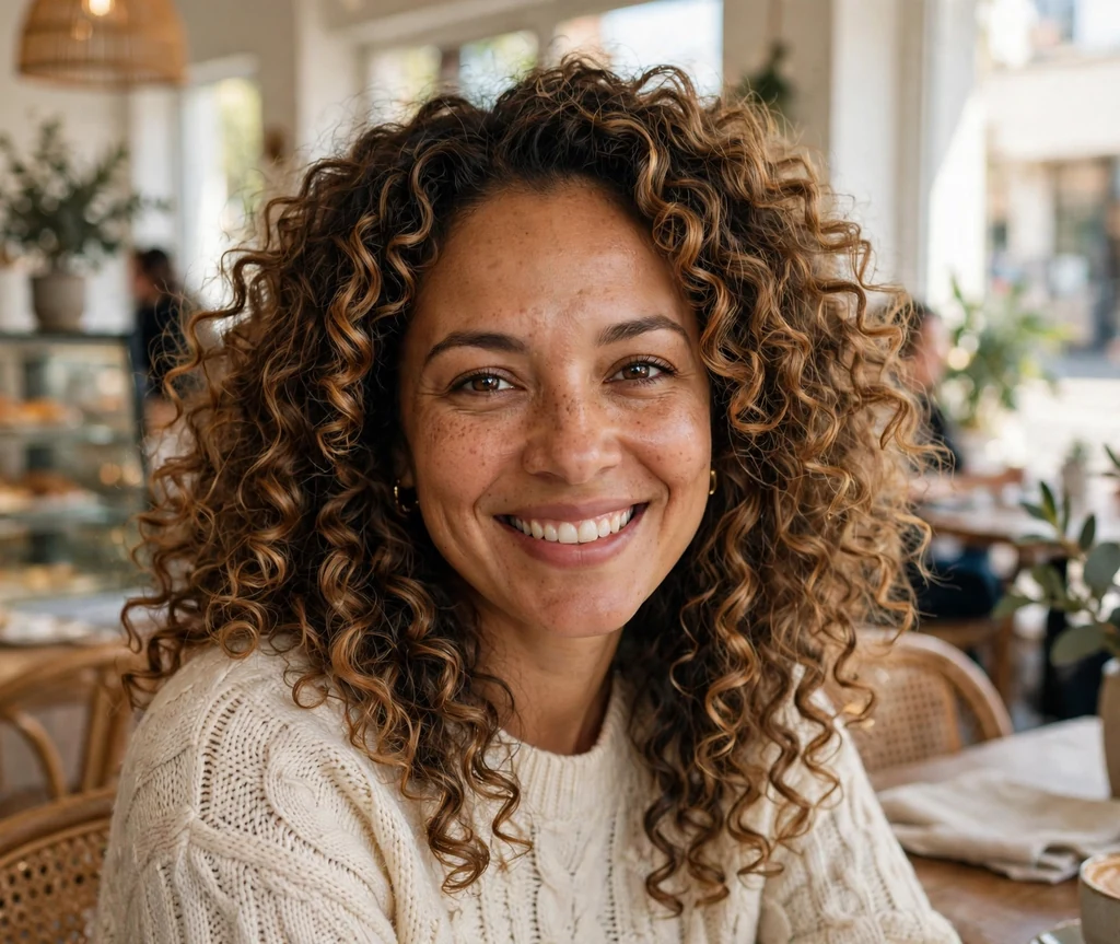 Woman with caramel balayage curls smiling in a bright cafe