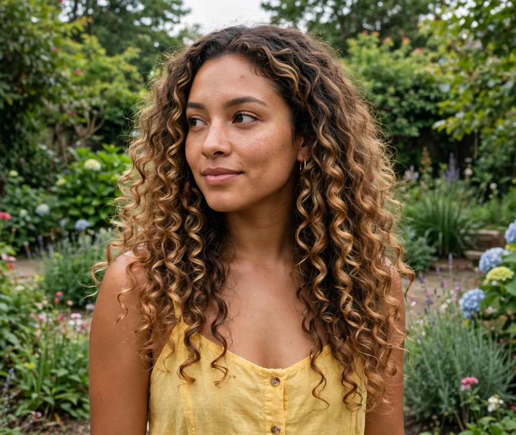 Latina woman with caramel balayage curls in a garden