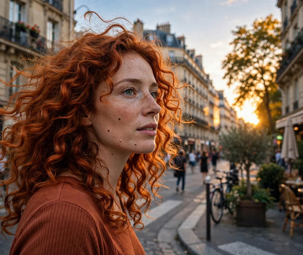 European woman with copper ringlets on a city street