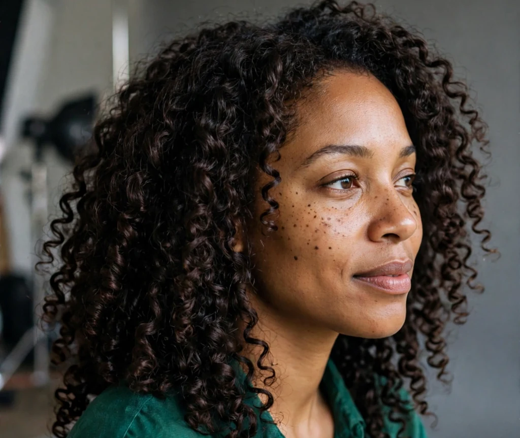 Black woman with chocolate brown 4a coils in a studio