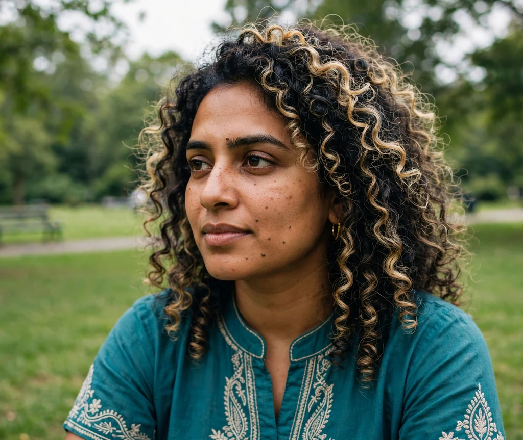 South Asian woman with honey blonde highlights on dark curls in a park