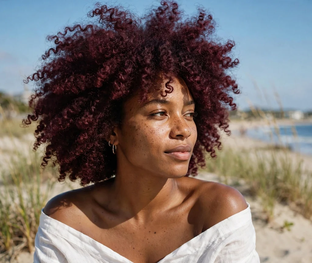 Black woman with burgundy curly afro on a beach
