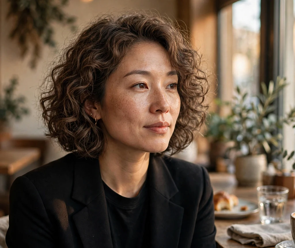 East Asian woman with ashy brown curly bob in a cafe