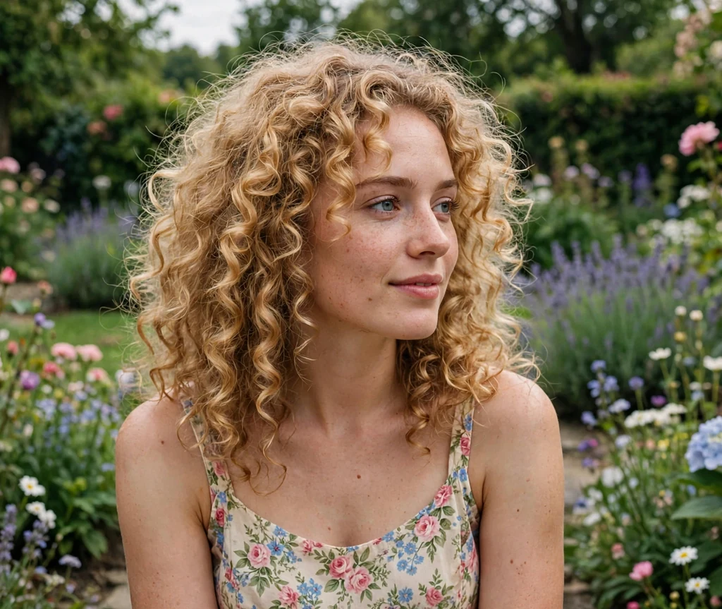 European woman with golden blonde curls in a garden
