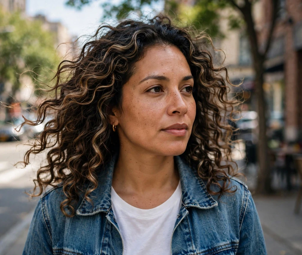 Latina woman with espresso and caramel swirl curls on a city street