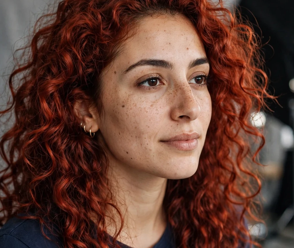 Middle Eastern woman with cherry red curls in a studio