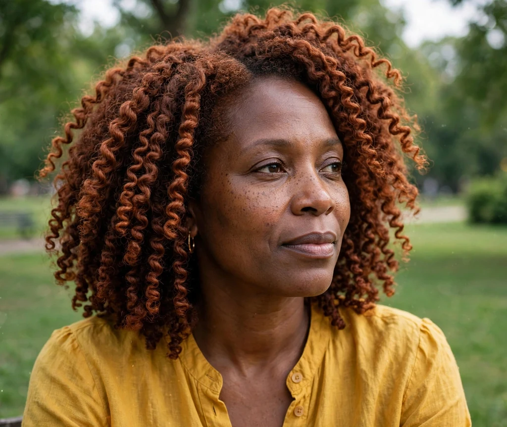 Black woman with cinnamon copper 4b coils in a park